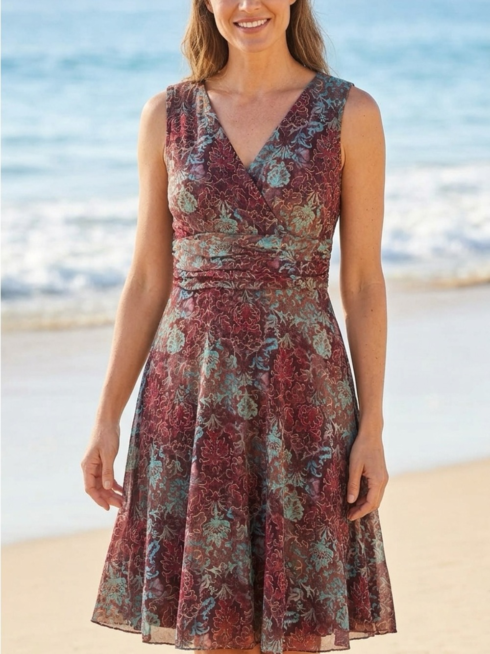 Coldwater Creek Brown and Green Floral Wrap-Style Fit & Flare Dress